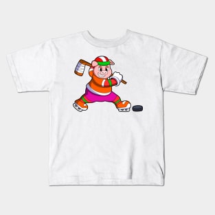 Pig at Ice hockey with Ice hockey stick Kids T-Shirt